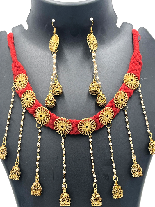 The Chakmak Blossom Chimes-Red Thread Necklace Set with Golden Jhumki
