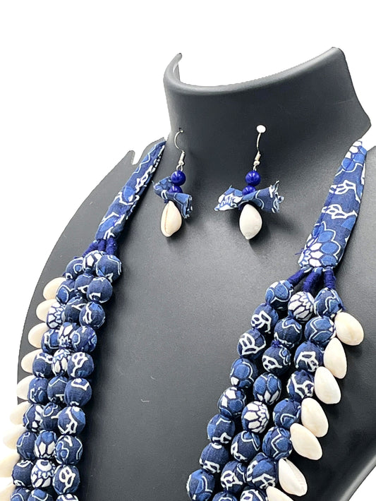 The Chakmak Coastal Melody–Indigo Blue Fabric Bead & Shell Necklace Set