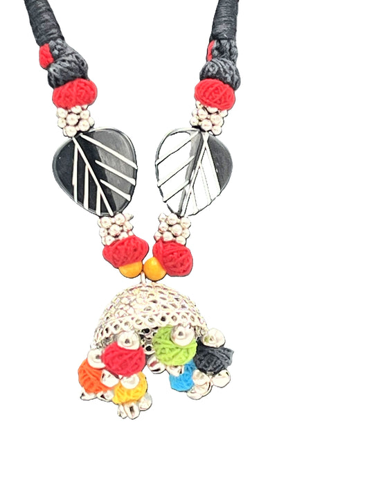 The Chakmak Rang Tarang – Black & Red Thread Necklace Set with Colourful Ghungroo Dome Pendant