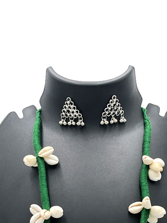 The Chakmak Rang Tarang – Green Thread Cowrie Shell Necklace Set with Oxidized Pendant