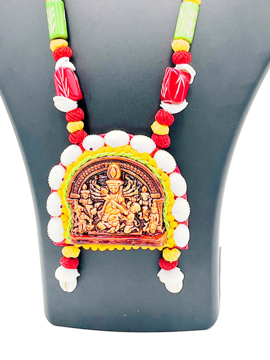 Handmade Durga Pendant Necklace with Cowrie Shells – Terracotta Jewelry