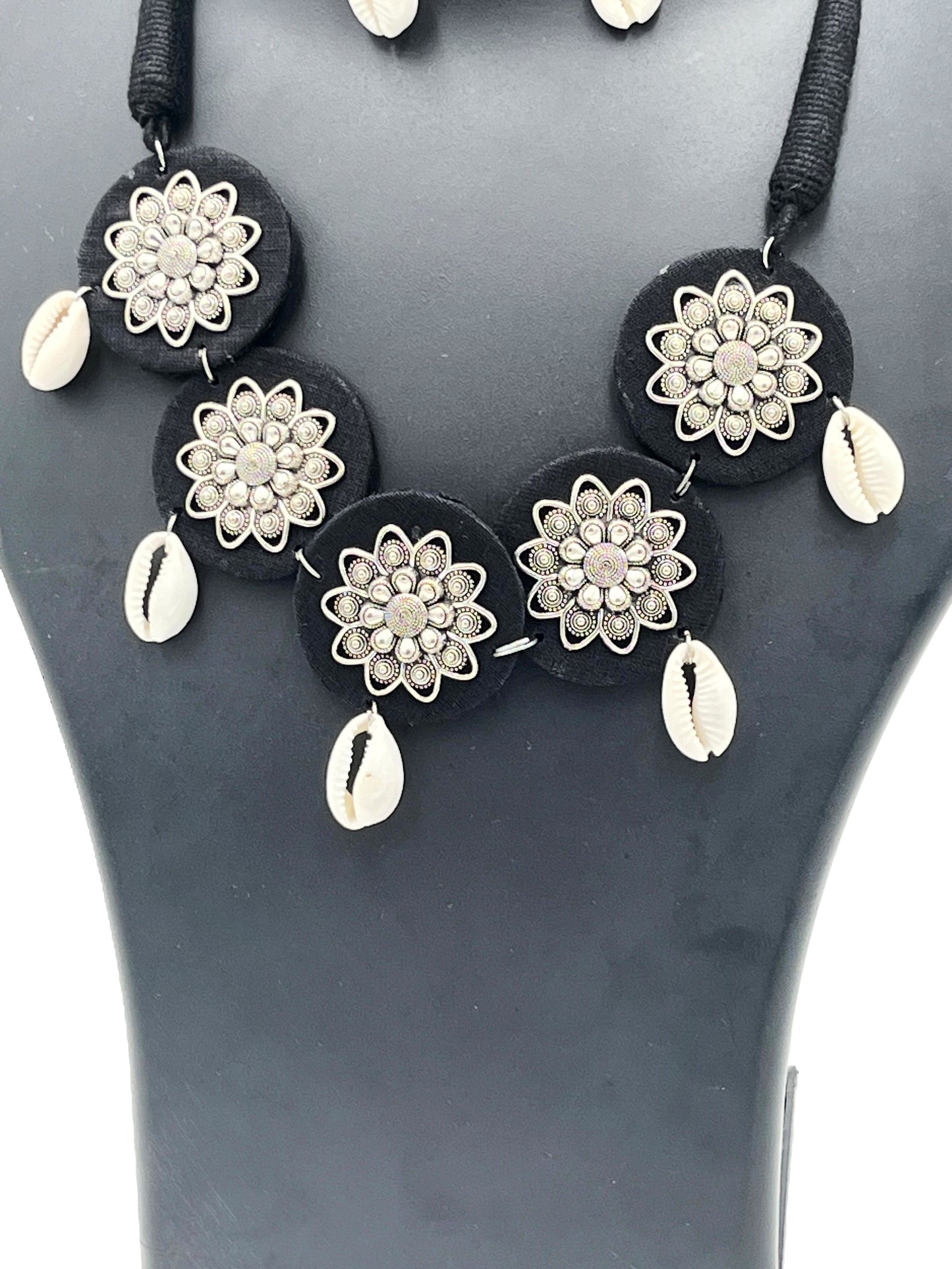 Floral Pendant Oxidized Handcrafted Tribal Necklace with Cowrie Shells and Oxidized Discs – Rang Tarang Collection