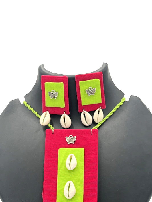 Green and Pink Fabric Necklace with Oxidized Dancer Charms
