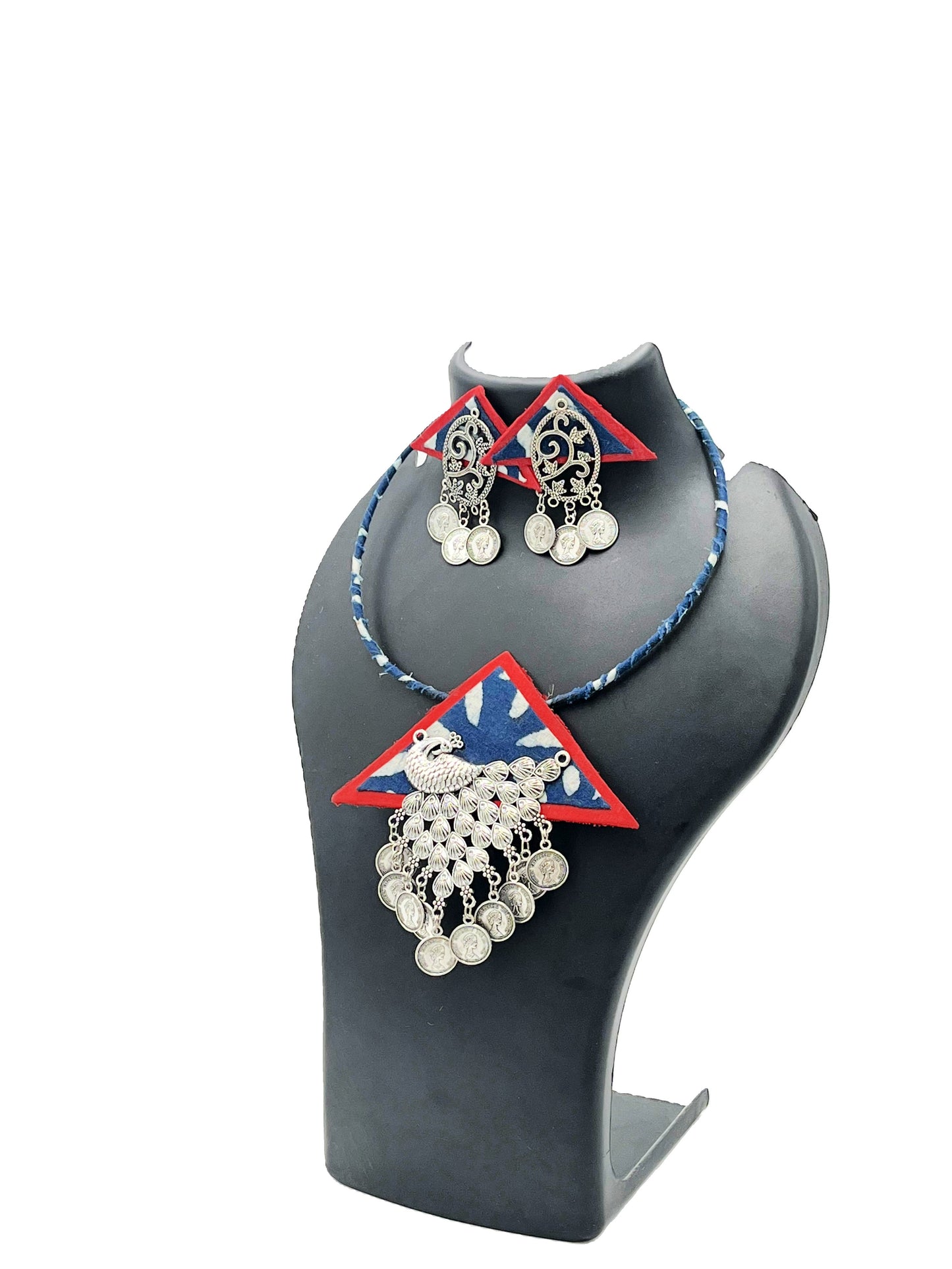 Side view of Hasali Style Necklace Set with Peacock & Coin Drops