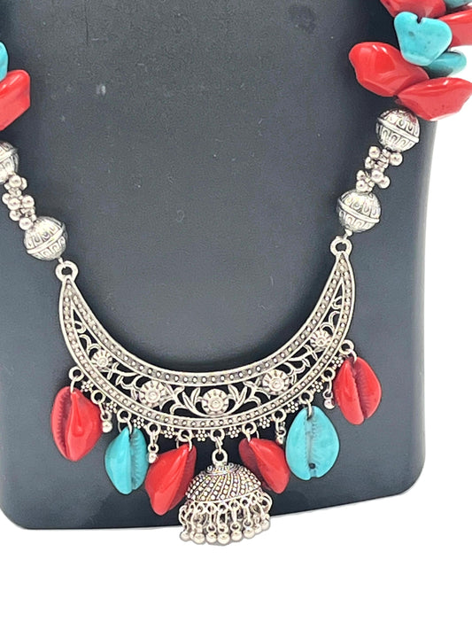 Ethnic Oxidized Pendant Necklace with Dangling Bells