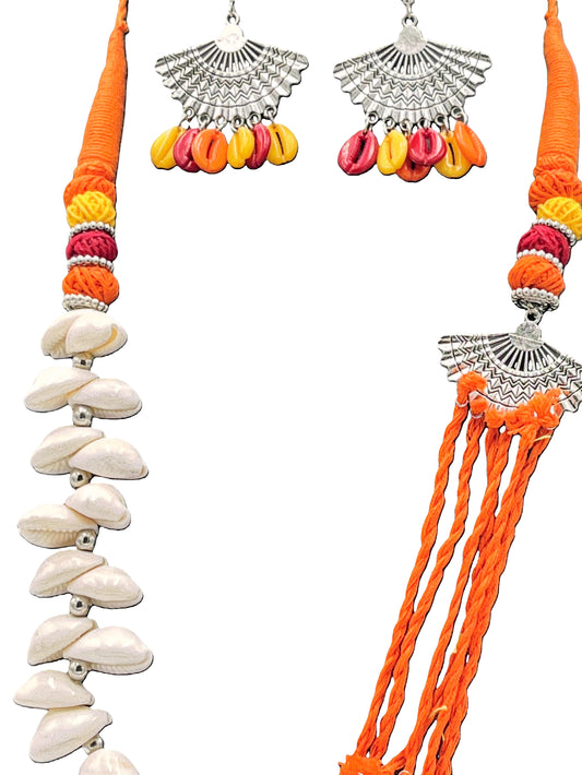 Close-up of Sunset Fan Pendant with Shell Danglers – Handmade Jewelry