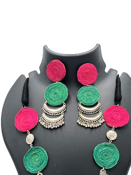 Ethnic Necklace with Matching Earrings – Pink & Green Thread Jewelry
