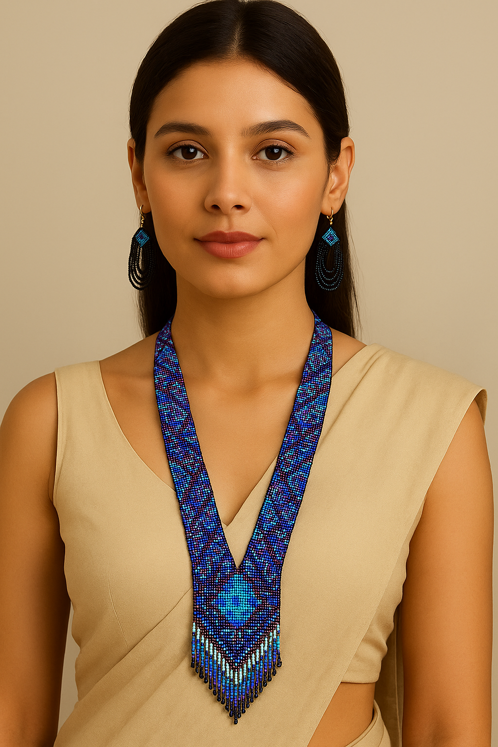 Model wearing The Chakmak Blue Mirage Beaded Necklace Set – Boho Look