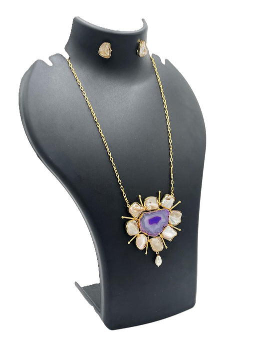 Ethnic handmade necklace set with purple stone and pearl earrings – The Chakmak