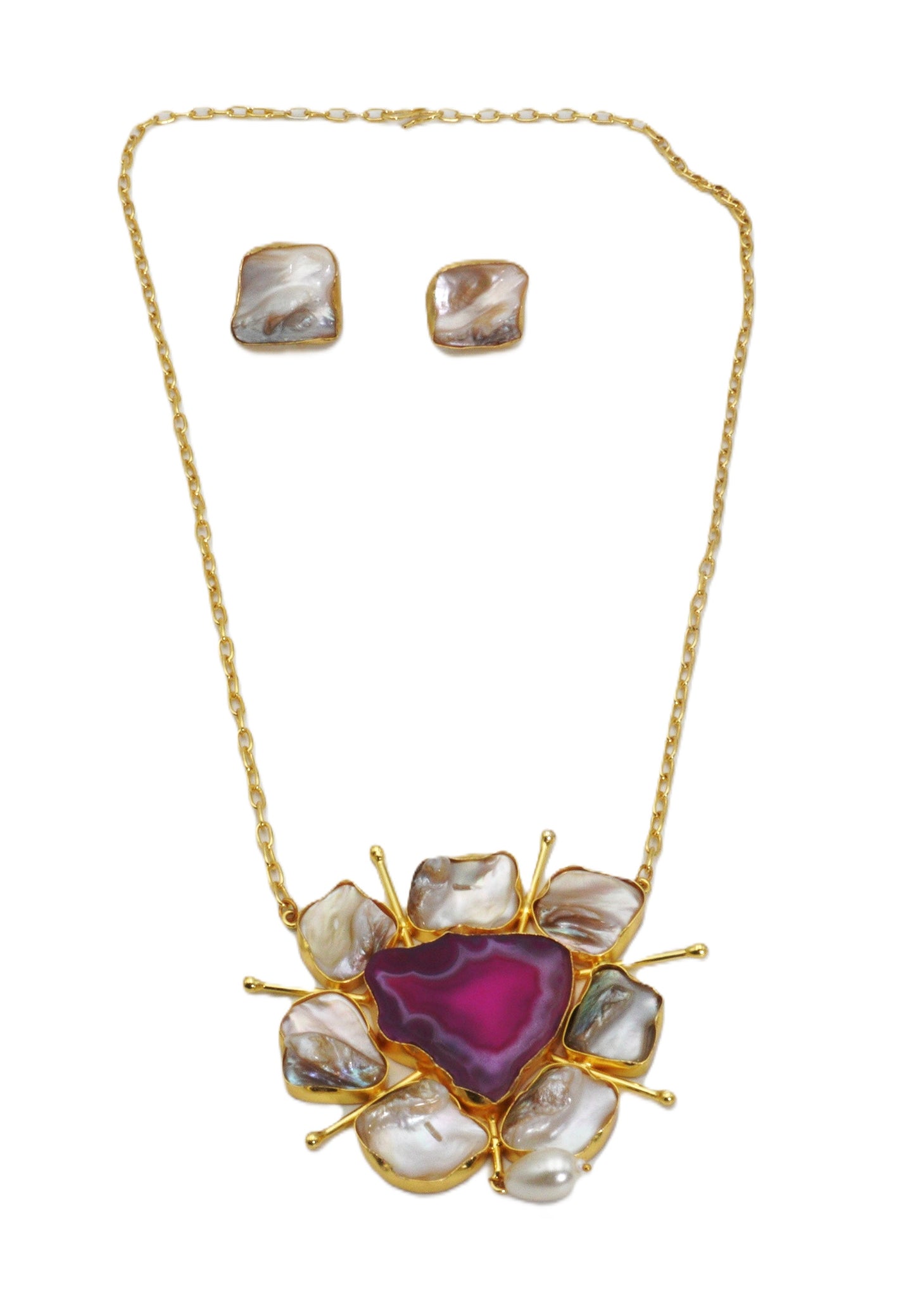 Natural Stone Jewellery set with necklace and earrings featuring a central Pink stone.