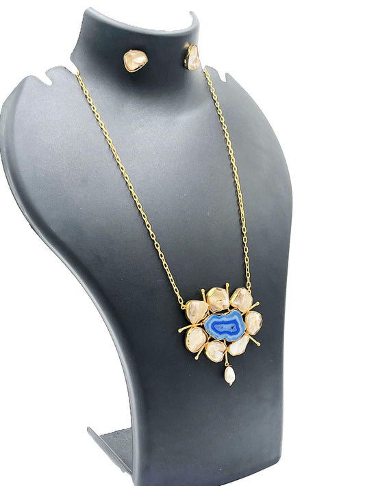 Handmade artisan necklace with blue agate Natural stone and pearl studs – The Chakmak