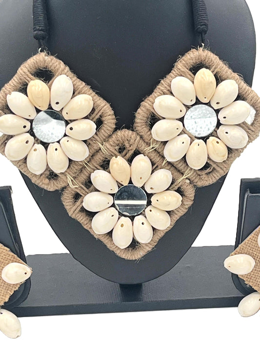 Close-up view of Natural Jute Tribal Necklace with Cowrie Shells – The Chakmak