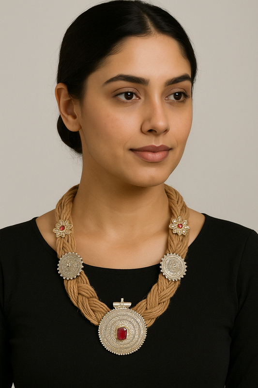 Model wearing Tribal Grace necklace with braided jute and silver motifs – The Chakmak
