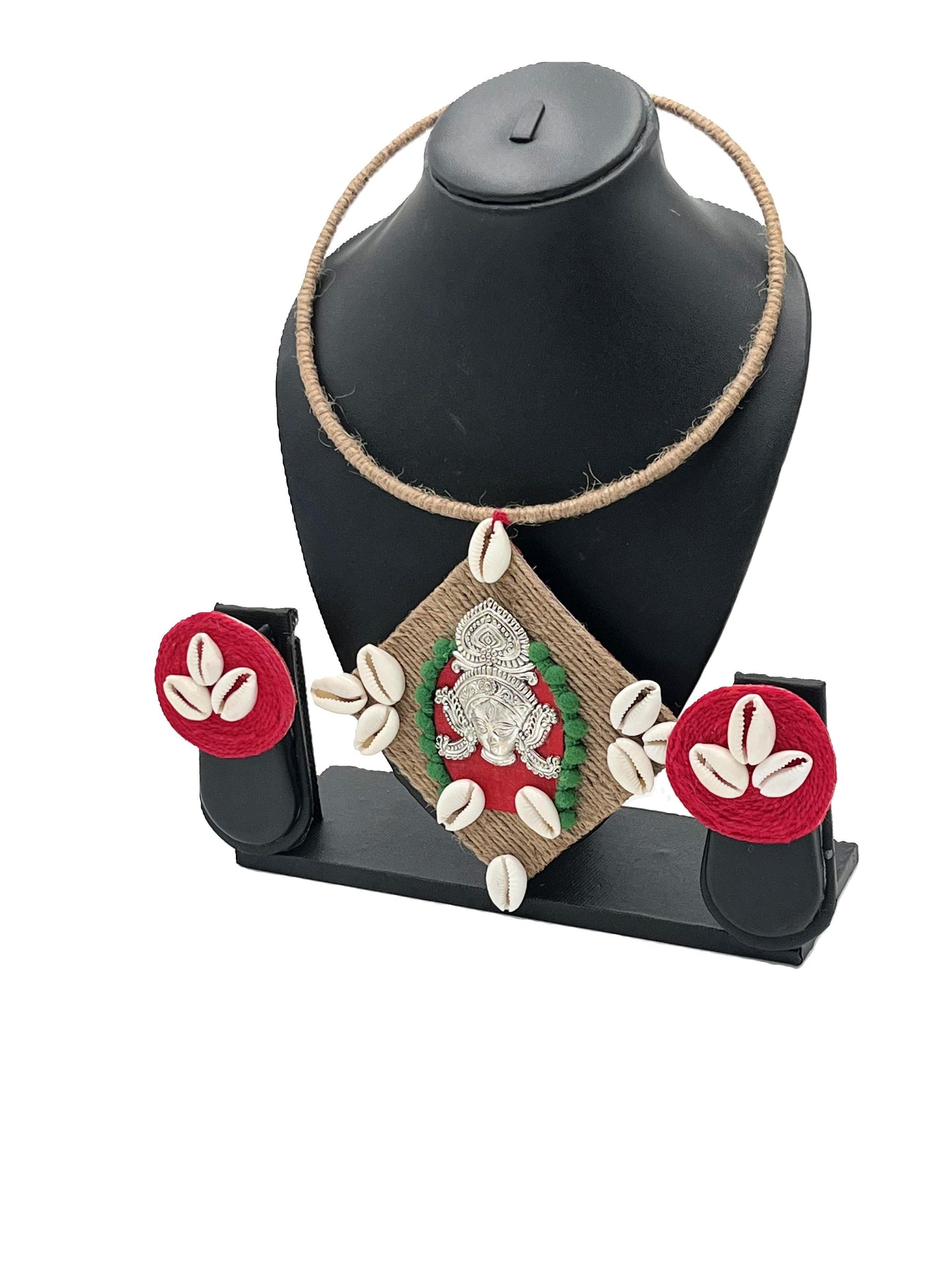 Handmade ethnic Hasli jewelry set with jute, cowrie shells, and goddess design – The Chakmak