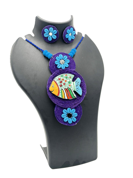 Handcrafted terracotta fish necklace set with blue floral accents – The Chakmak Samudra Leela