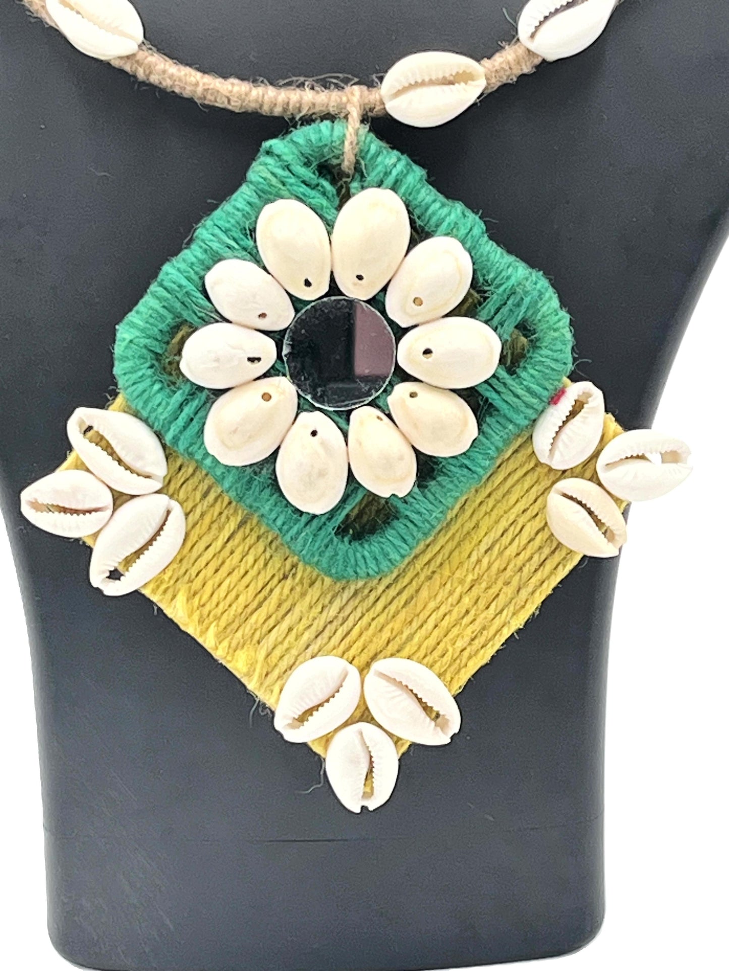 Close-up of Shankh Tara Necklace with Mirror and Cowrie Shells – The Chakmak