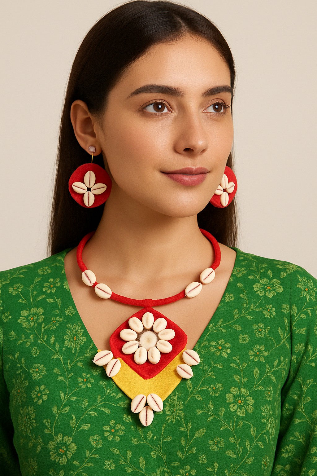 Model wearing Red & Mustard Cowrie Shell Hasli Necklace – The Chakmak