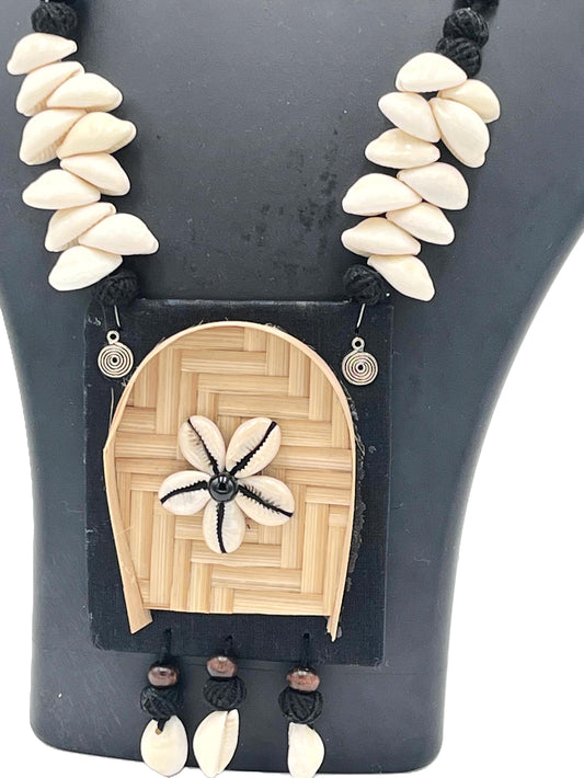 Tribal ethnic jewelry set with bamboo weave pendant and cowrie shells – The Chakmak