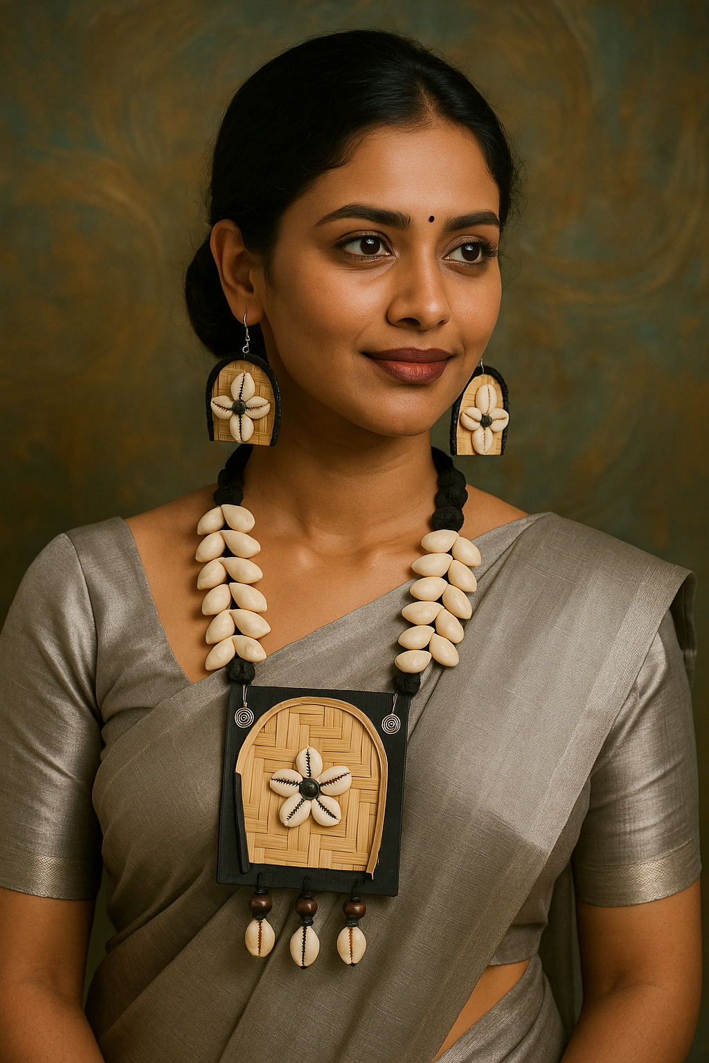 Model wearing handcrafted tribal necklace set with bamboo pendant – The Chakmak