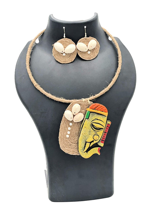 Side view of tribal terracotta hasli necklace and earring set – The Chakmak