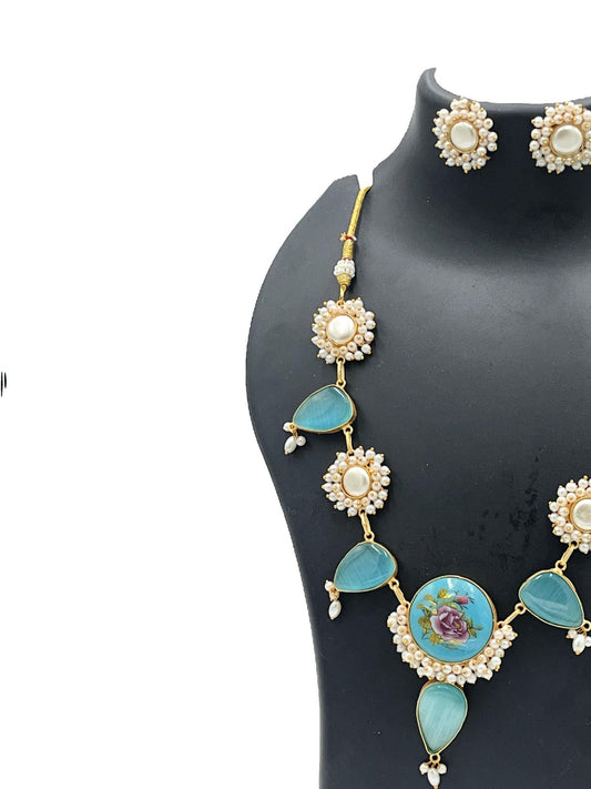The Chakmak Royal Bloom – Aqua Blue Hand-Painted Floral Necklace Set with Pearls