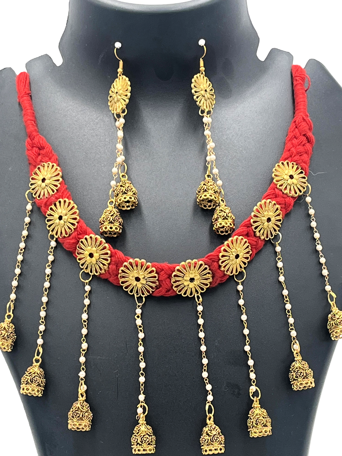 The Chakmak Blossom Chimes-Red Thread Necklace Set with Golden Jhumki