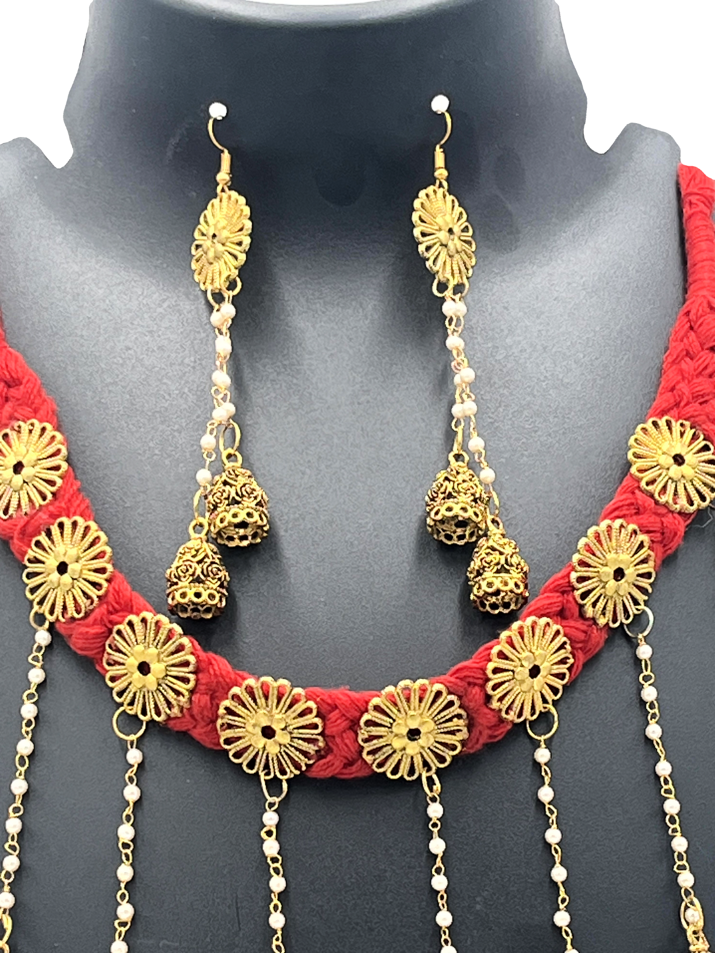 The Chakmak Blossom Chimes-Red Thread Necklace Set with Golden Jhumki
