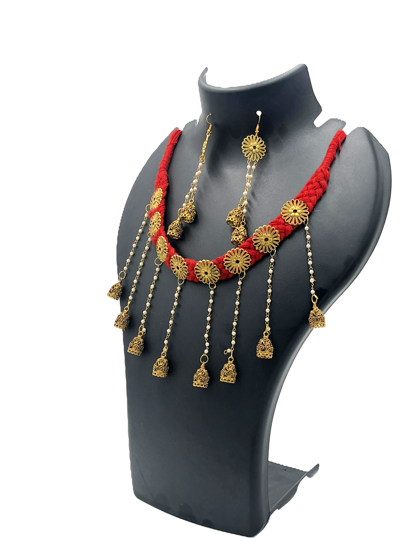 The Chakmak Blossom Chimes-Red Thread Necklace Set with Golden Jhumki