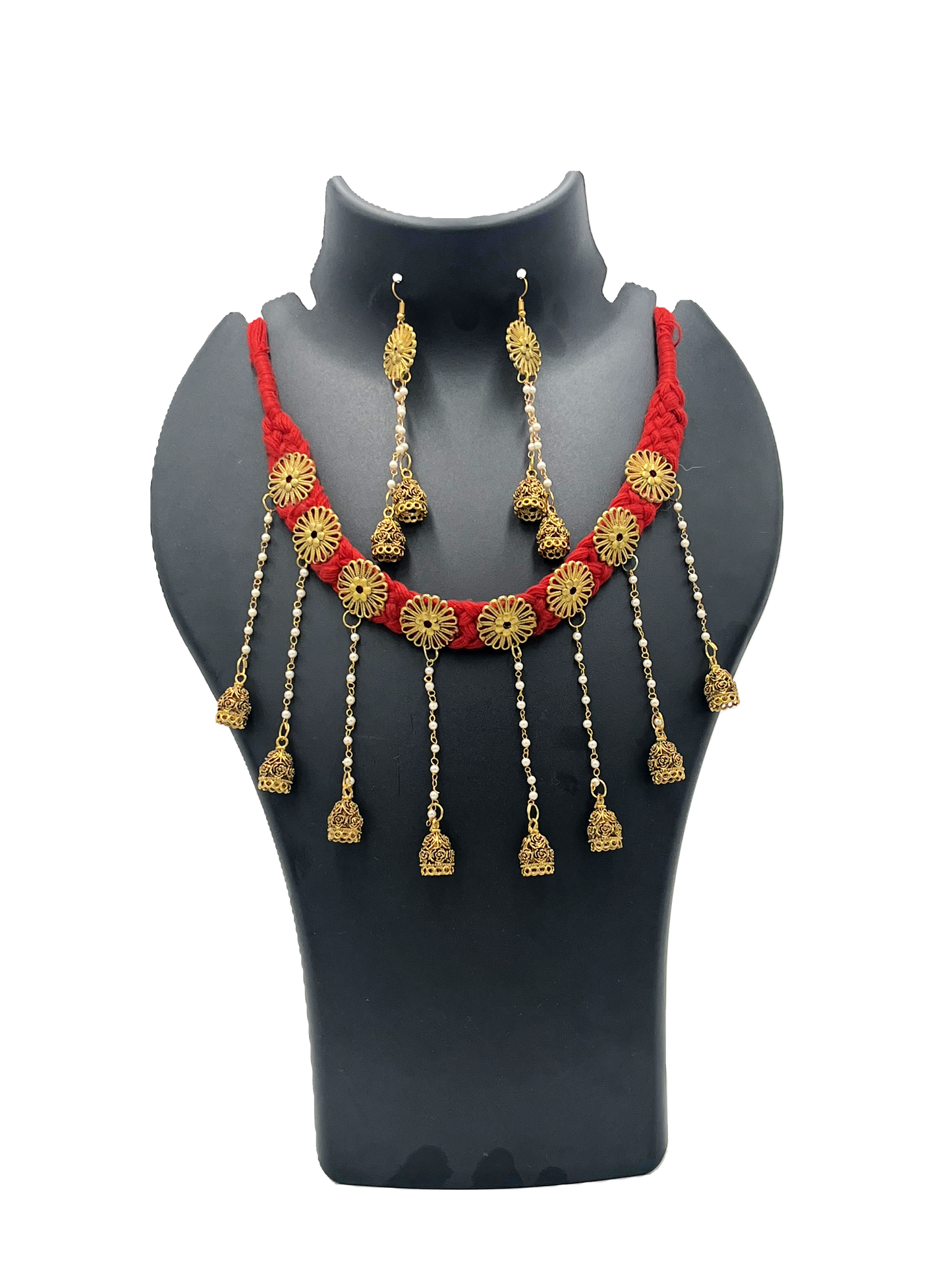 The Chakmak Blossom Chimes-Red Thread Necklace Set with Golden Jhumki
