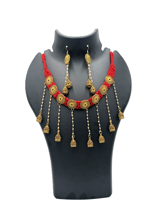 The Chakmak Blossom Chimes-Red Thread Necklace Set with Golden Jhumki