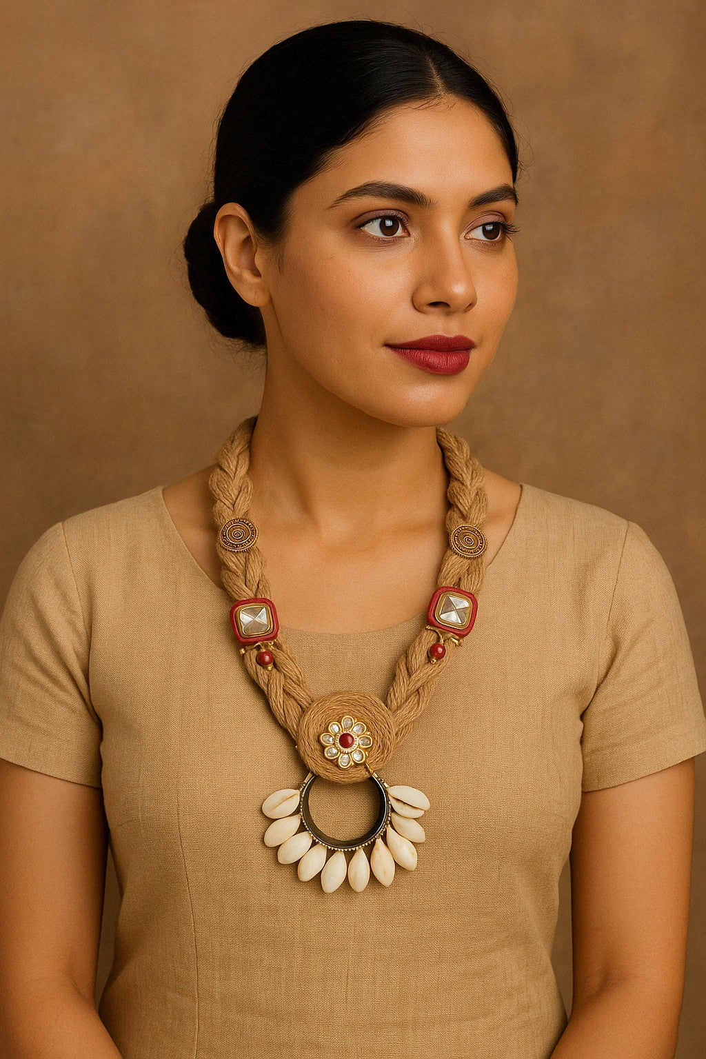 The Chakmak Kodi Regal – Handcrafted Braided Jute Necklace with Shell Drop Pendant & Kundan Accents