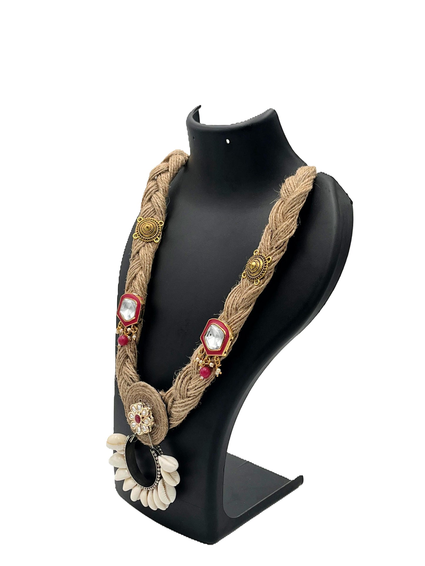 The Chakmak Kodi Regal – Handcrafted Braided Jute Necklace with Shell Drop Pendant & Kundan Accents