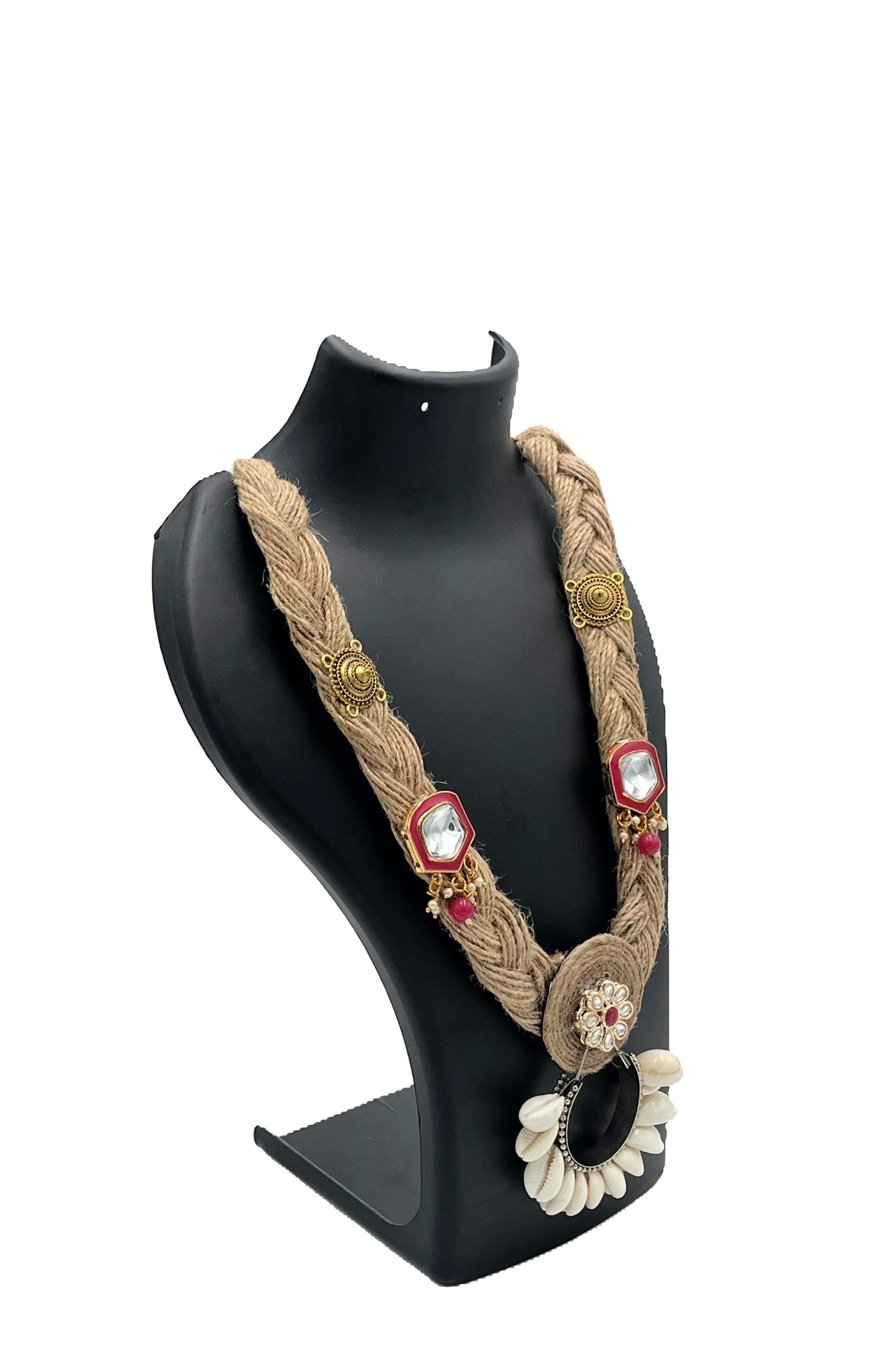 The Chakmak Kodi Regal – Handcrafted Braided Jute Necklace with Shell Drop Pendant & Kundan Accents