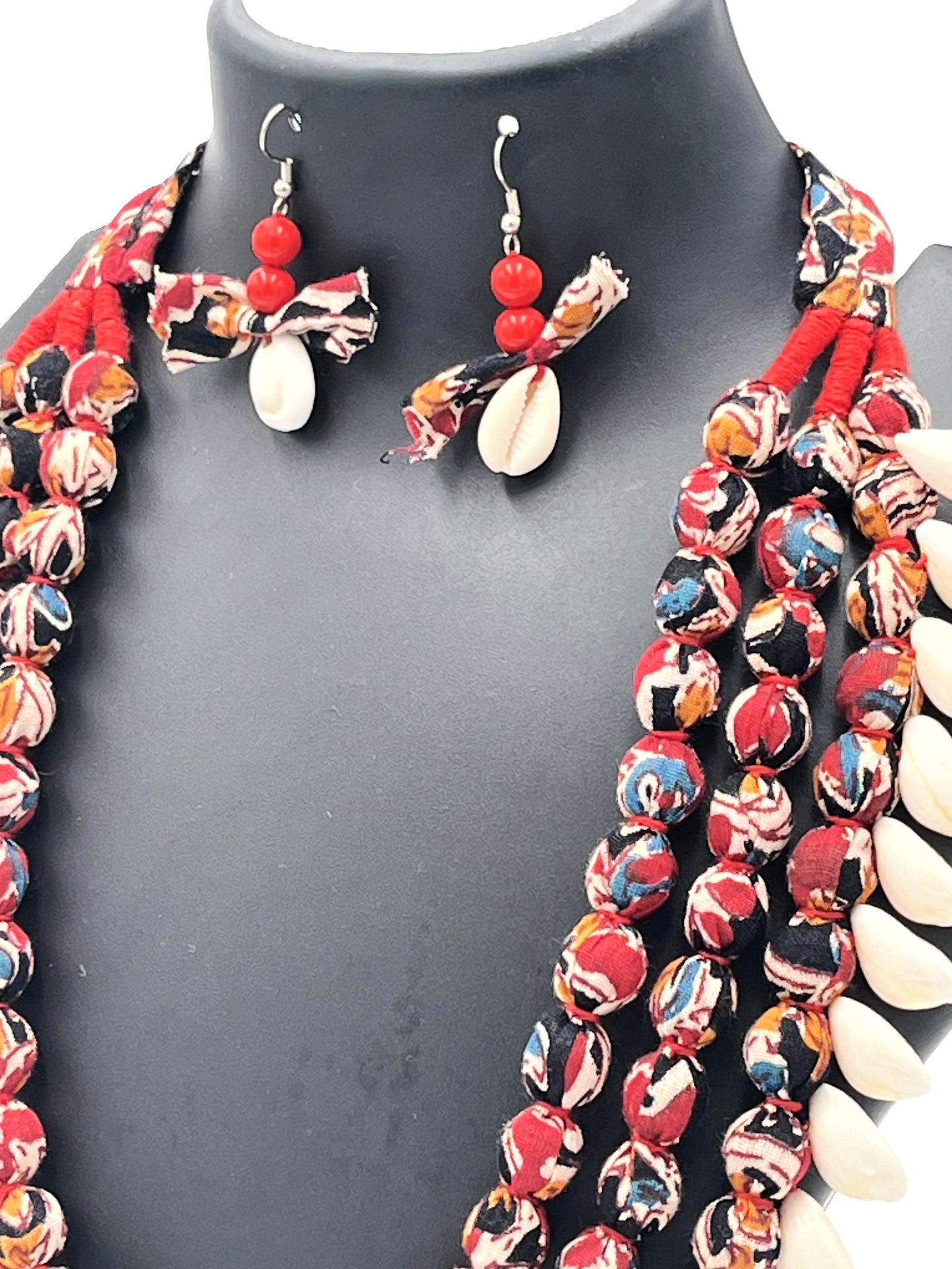 The Chakmak Coastal Melody – Maroon Multicolor Fabric Bead & Shell Necklace Set