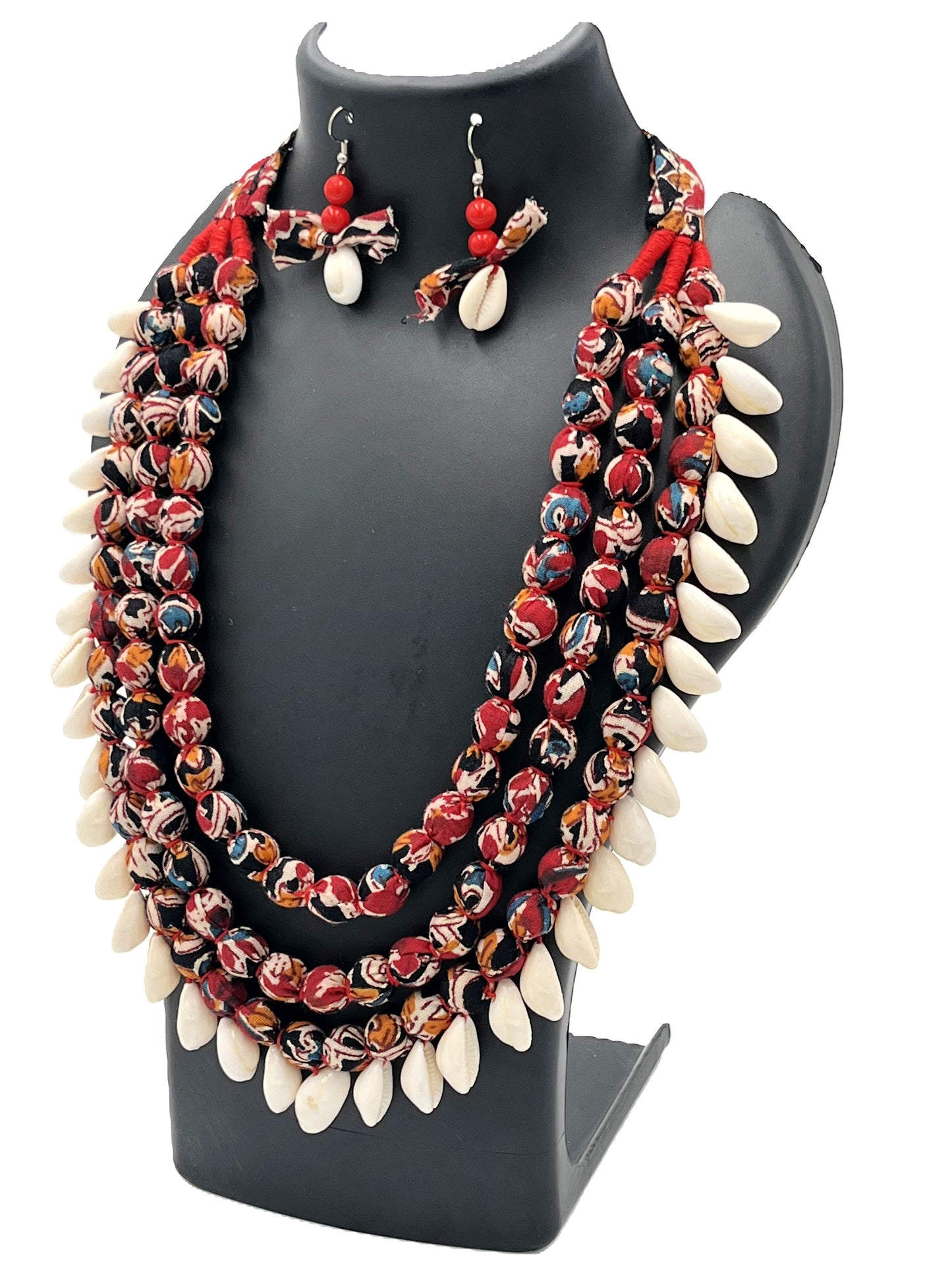 The Chakmak Coastal Melody – Maroon Multicolor Fabric Bead & Shell Necklace Set