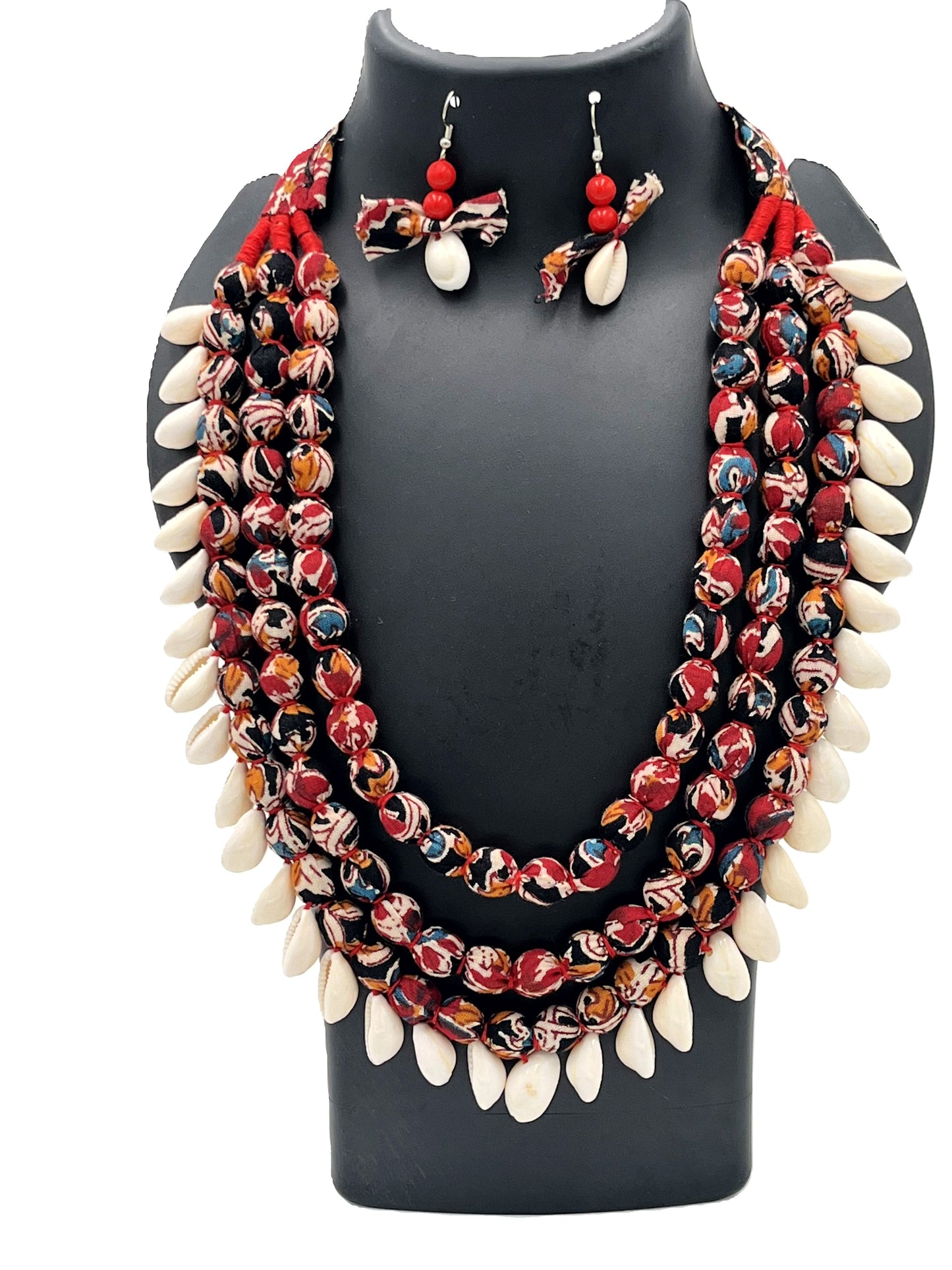 The Chakmak Coastal Melody – Maroon Multicolor Fabric Bead & Shell Necklace Set