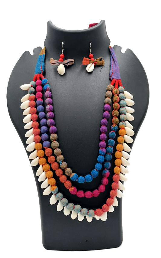 Multitone Fabric Bead and Cowrie Shell Necklace Set with Earring-The CHakmak By ChakmakCraft Pvt. Ltd.