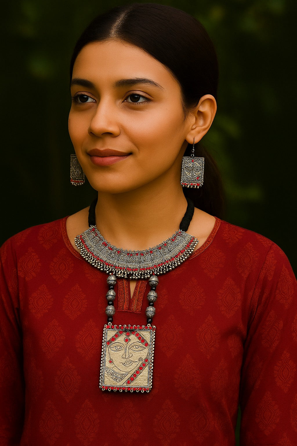 Woman wearing traditional jewelry with a dark background