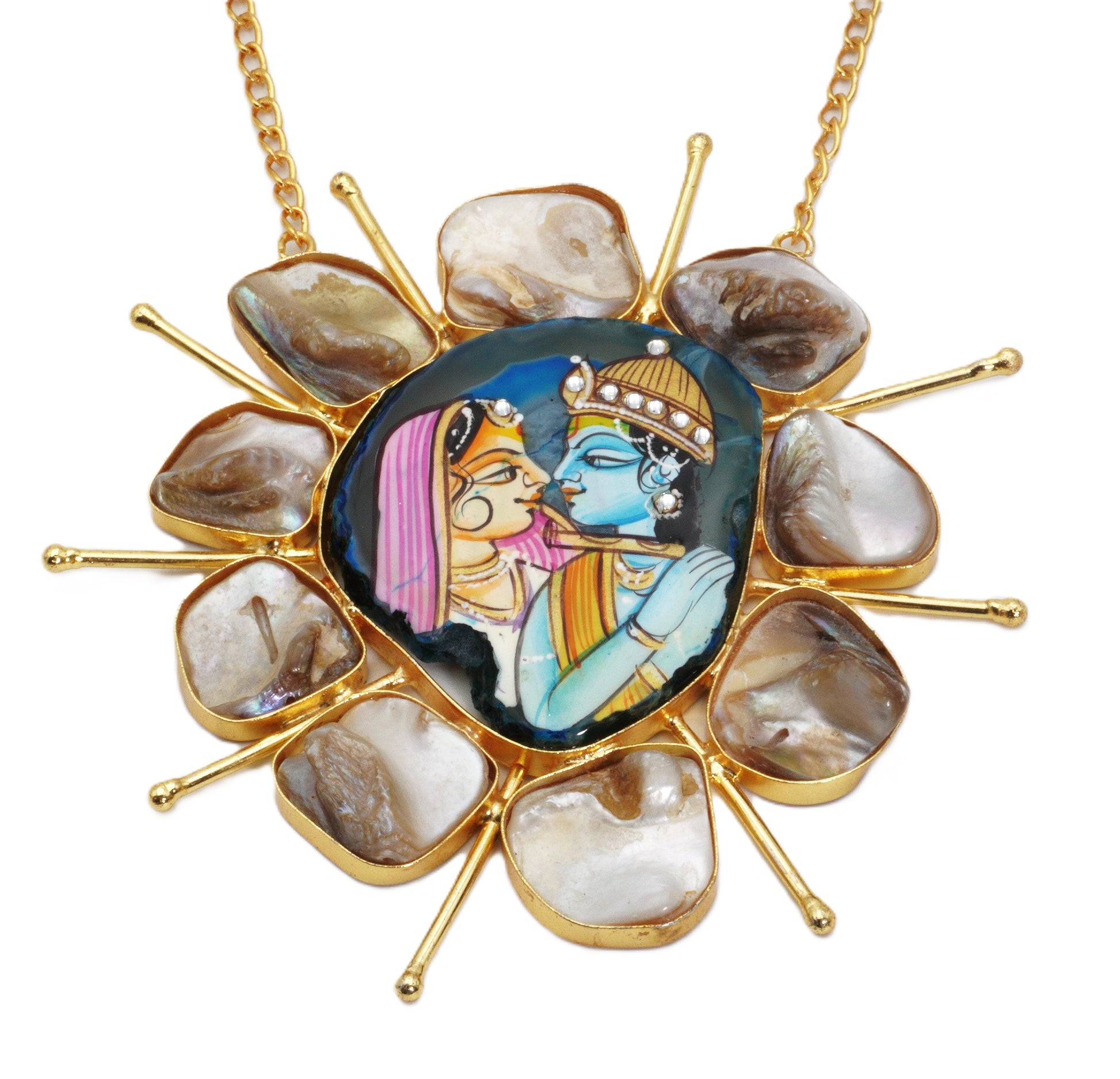 Close-up of Radha Krishna artwork pendant surrounded by pearl accents – The Chakmak