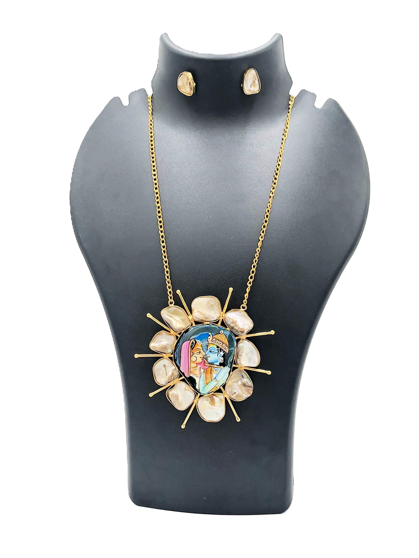 The Chakmak handmade Radha Krishna hand-painted pendant necklace with baroque pearls