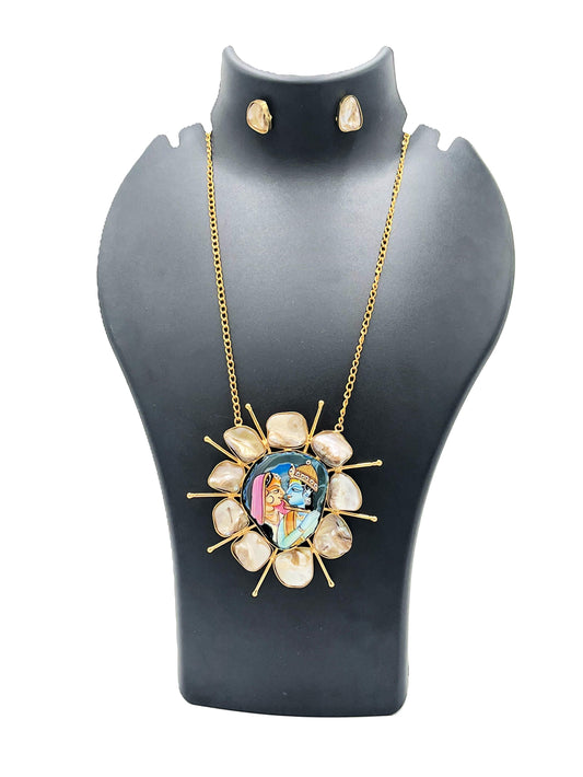 The Chakmak handmade Radha Krishna hand-painted pendant necklace with baroque pearls