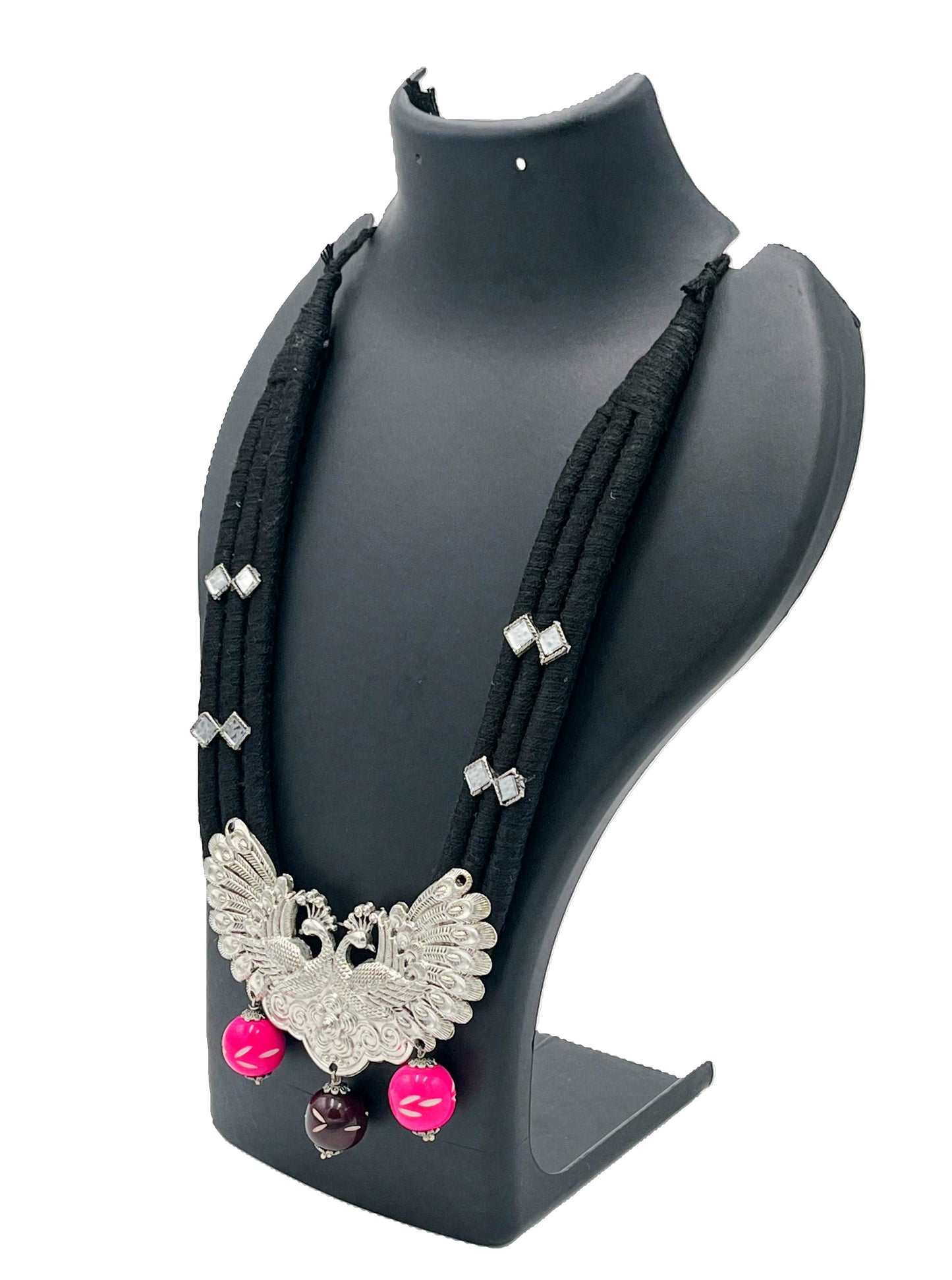 The Chakmak Rang Tarang – Black Thread Necklace with Dual Peacock Oxidized Pendant & Pink-Bead Danglers
