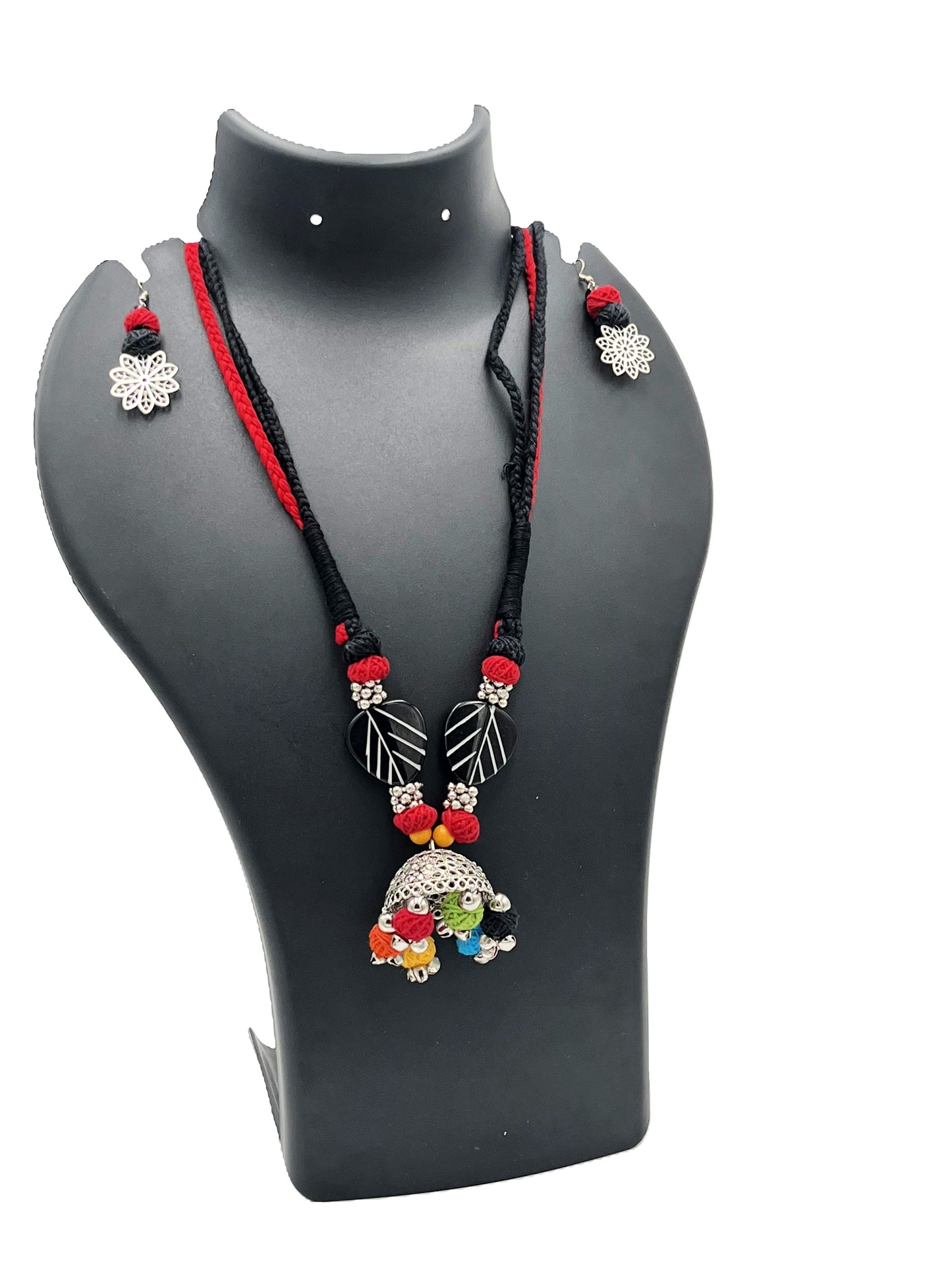 The Chakmak Rang Tarang – Black & Red Thread Necklace Set with Colourful Ghungroo Dome Pendant