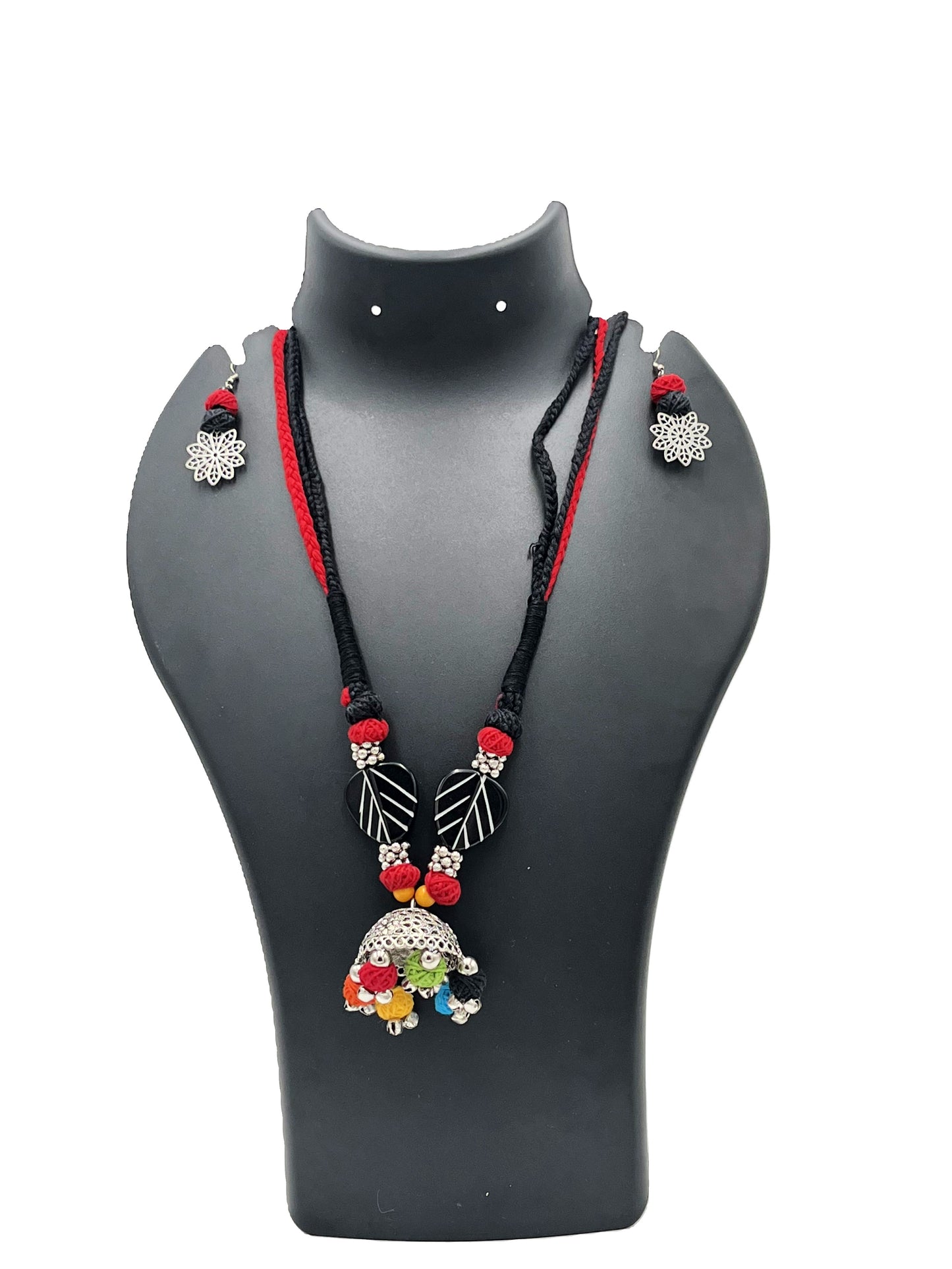 The Chakmak Rang Tarang – Black & Red Thread Necklace Set with Colourful Ghungroo Dome Pendant