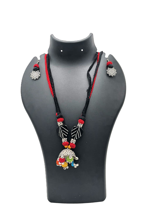 The Chakmak Rang Tarang – Black & Red Thread Necklace Set with Colourful Ghungroo Dome Pendant