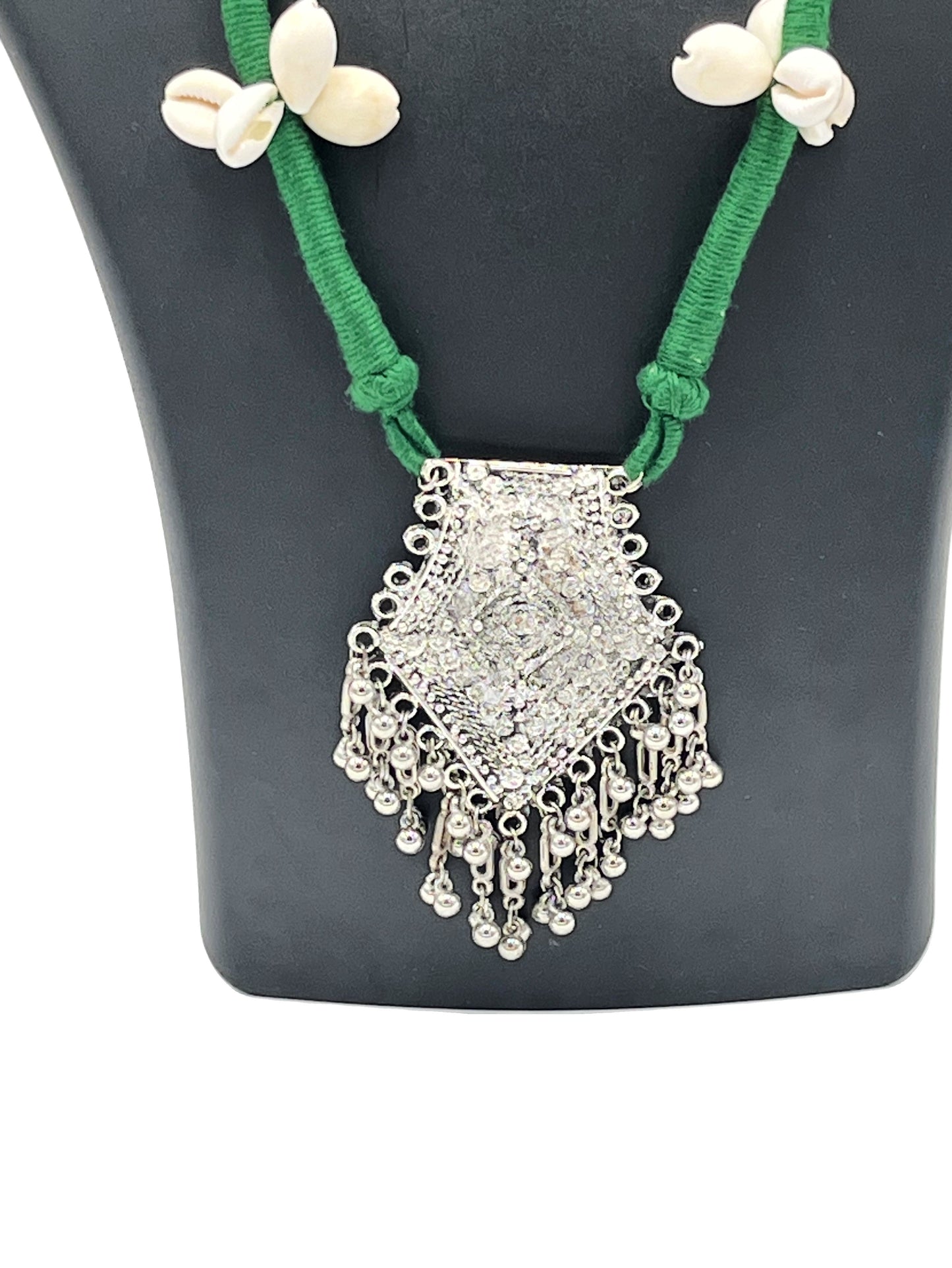 The Chakmak Rang Tarang – Green Thread Cowrie Shell Necklace Set with Oxidized Pendant