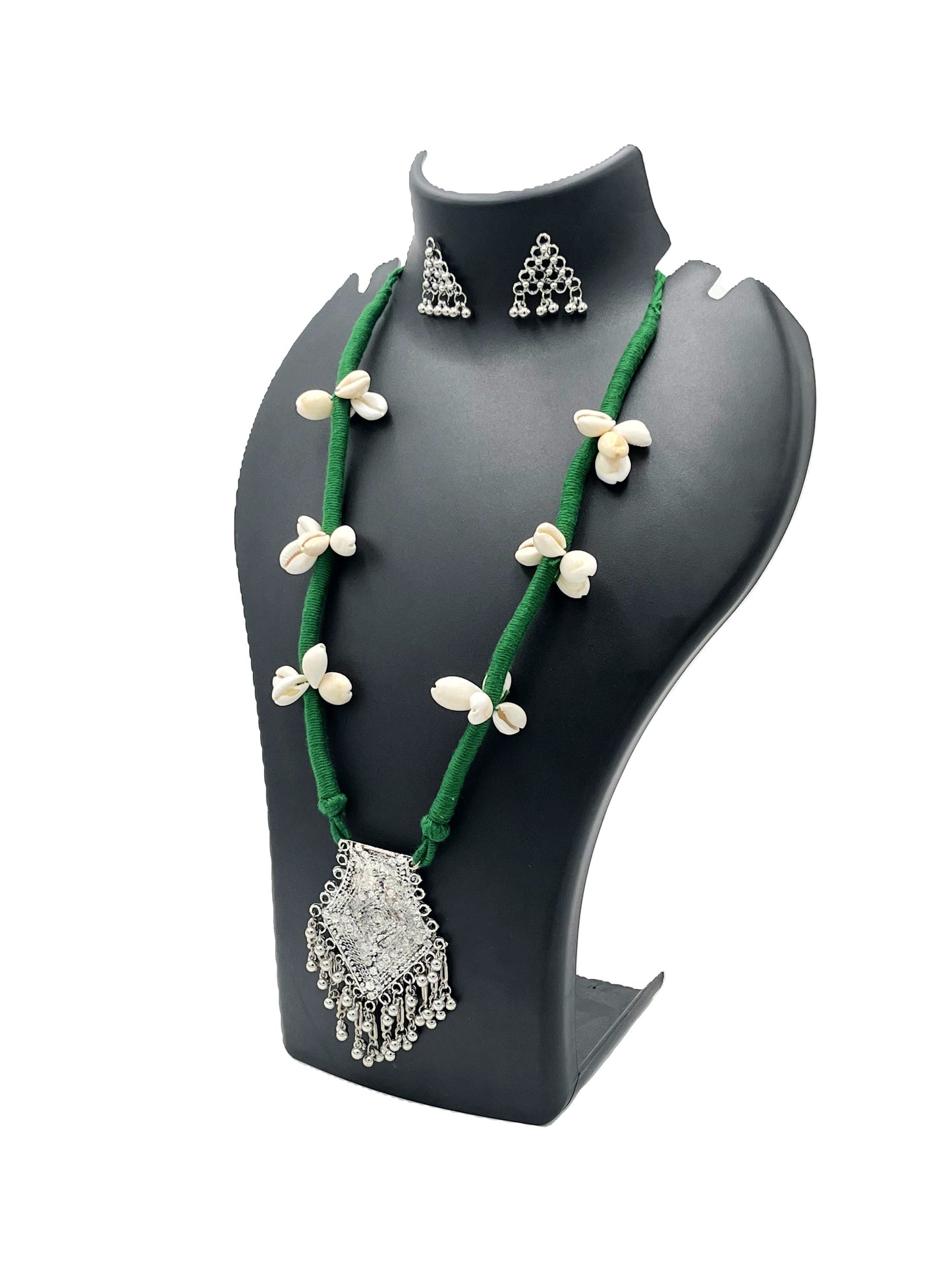 The Chakmak Rang Tarang – Green Thread Cowrie Shell Necklace Set with Oxidized Pendant