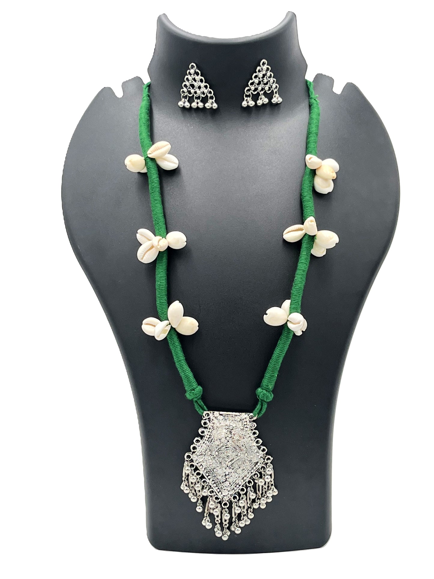 The Chakmak Rang Tarang – Green Thread Cowrie Shell Necklace Set with Oxidized Pendant