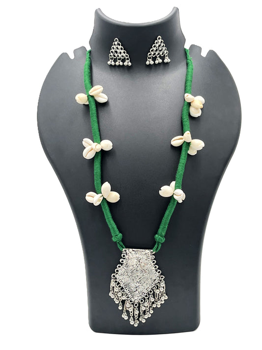 The Chakmak Rang Tarang – Green Thread Cowrie Shell Necklace Set with Oxidized Pendant
