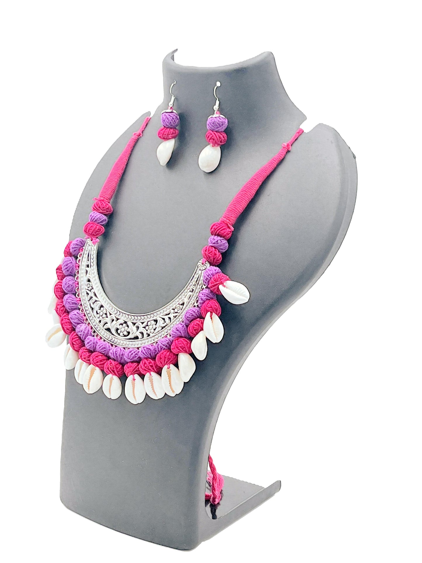The Chakmak Rang Tarang – Magenta & Purple Thread Necklace Set with Oxidized Crescent Pendant and Cowrie Shells